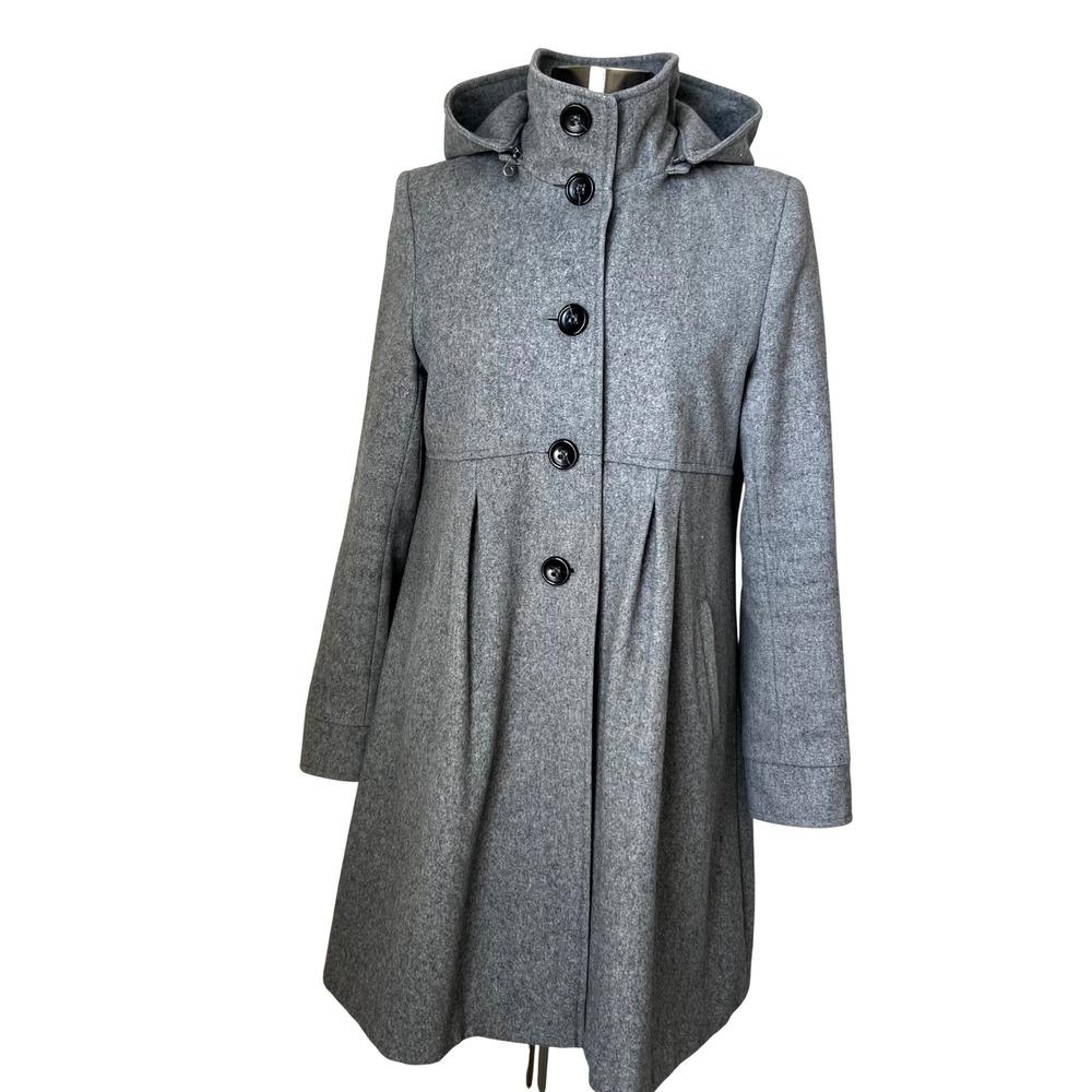 DKNY Womens Grey Wool Blend Hooded Funnel Neck Button Front Peacoat Size 10